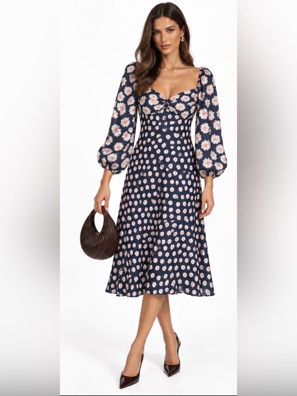 SACHIN & BABI Melody Navy Floral Long sleeve midi Dress